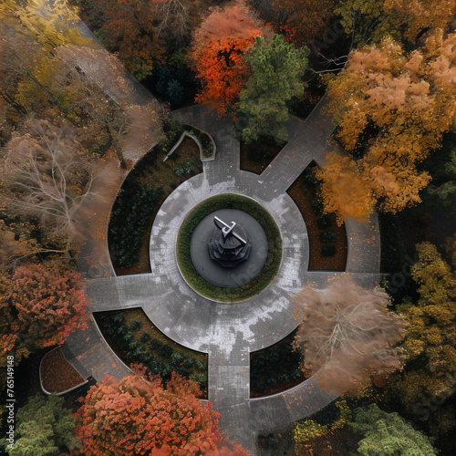 An aerial image of a circular courtyard with a sundial in the center, surrounded by trees with autumn foliage in a park with a mod