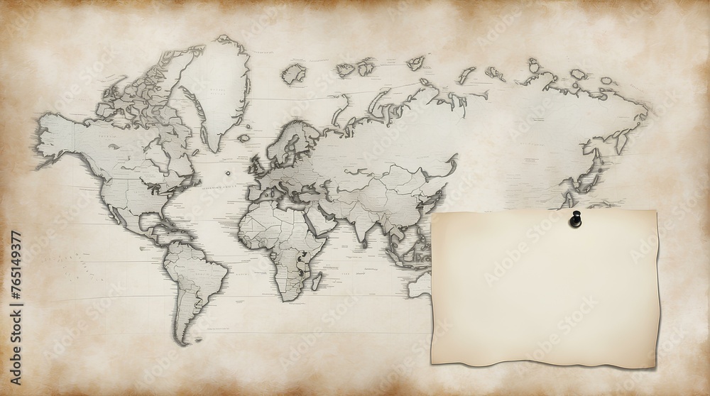 blank paper over old world map on old paper, copy space, space for text and design 