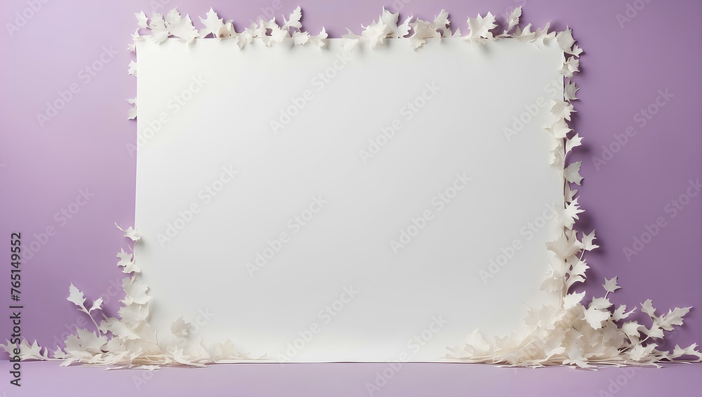 blank frame with white leaves on purple wall, copy space, space for text and design 