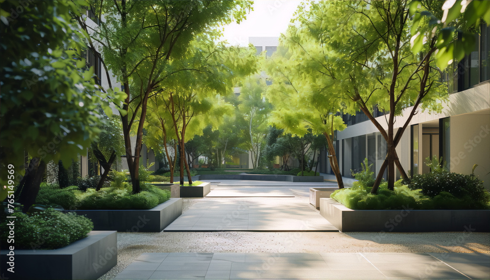 Fototapeta premium A 3D rendering of a modern courtyard with trees, plants, and a path leading to a building, in the style of archviz, with a focus o