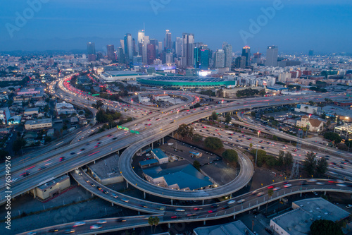 Tablou pe pânză Downtown Los Angeles at night with rush hour traffic.
