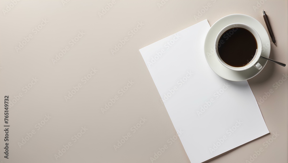 cup of coffee and blank paper on background with copy space, space for text and design, business work concept cup of coffee and blank paper on background with copy space, space for text and design, business work concept