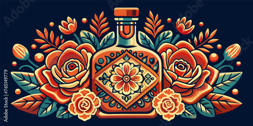 Mexican tequila bottle and roses for Mexico for festival dia de los muertos or Cinco de mayo. Decorative perfume bottle surrounded by intricate floral motifs against dark background