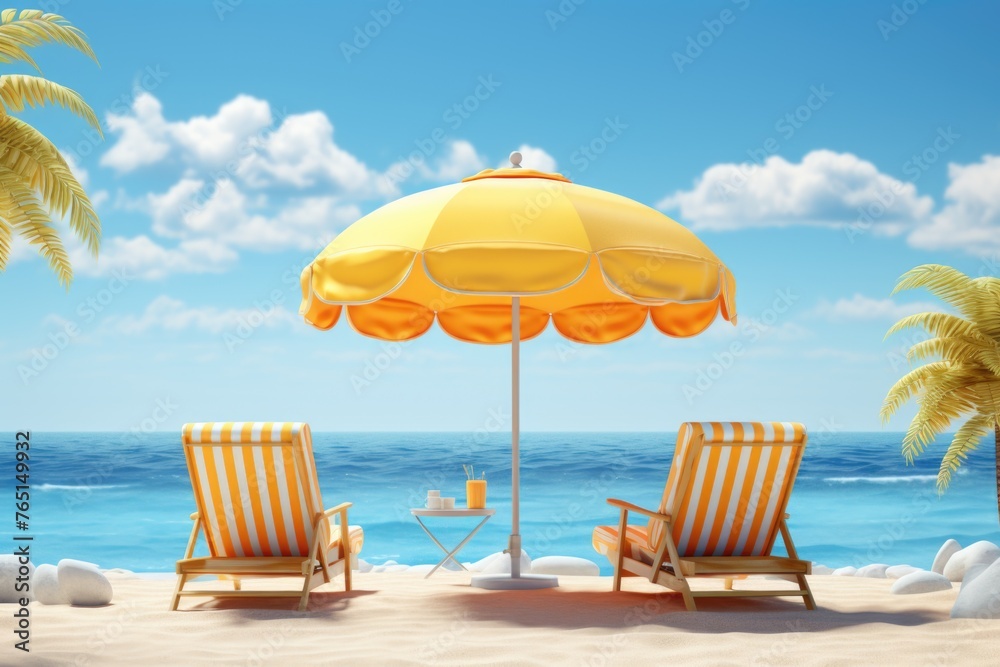 Two lounge chairs under an umbrella on the beach