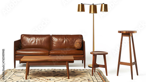 Mid-century modern stools in walnut wood, paired with a leather loveseat and a brass floor lamp
