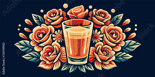 Mexican tequila shot and roses for Mexico for festival dia de los muertos or Cinco de mayo. Stylized beer glass surrounded by ornate roses and leaves on a dark background