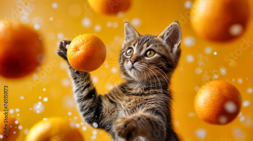 cute kitten juggles with oranges
