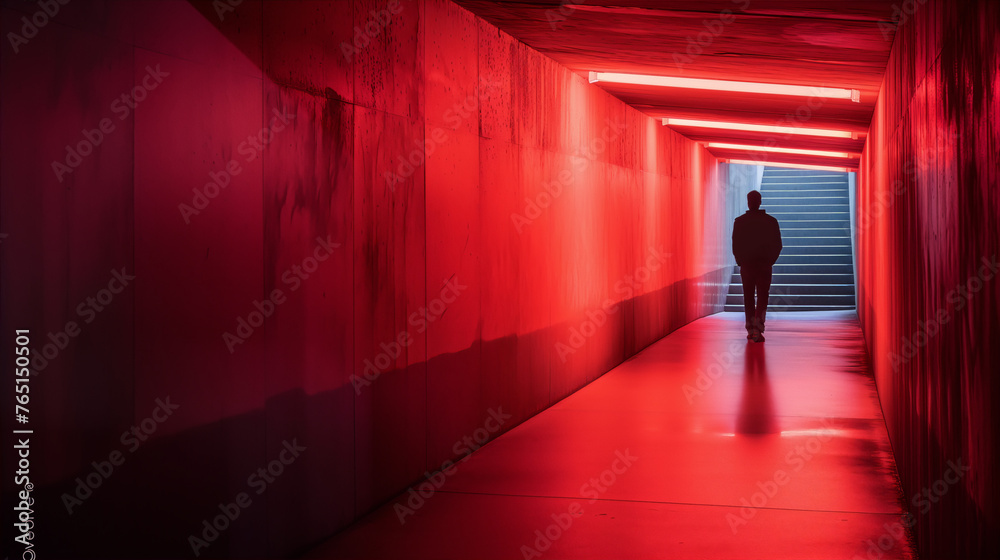 liminal space photography of a person walking down a red hallway with a staircase at the end - obrazy, fototapety, plakaty 