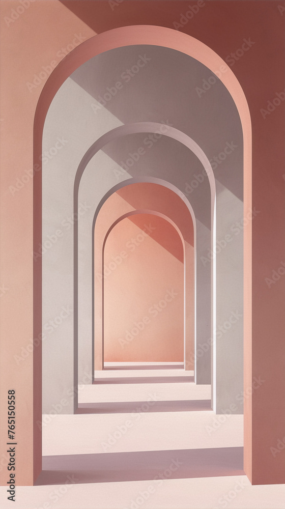 3D rendering of a hallway with arches in a minimalist style with a focus on pastel colors and simple geometric shapes 3D rendering of a hallway with arches in a minimalist style with a focus on pastel colors and simple geometric shapes