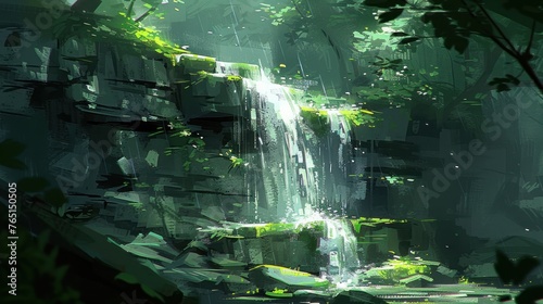 a painting of a waterfall in the middle of a forest with lots of trees and rocks on either side of it. photo