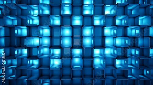 Mur composé de cubes bleus lumineux. Pièce futuriste sombre et design géométrique abstrait. photo