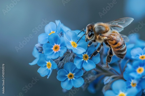 Stunning Honey Bee Gently Pollinating Exquisite Light Blue Flowers in a Flourishing and Enchanting Garden Setting, Surrounded by Vibrant Greenery © evgenia_lo