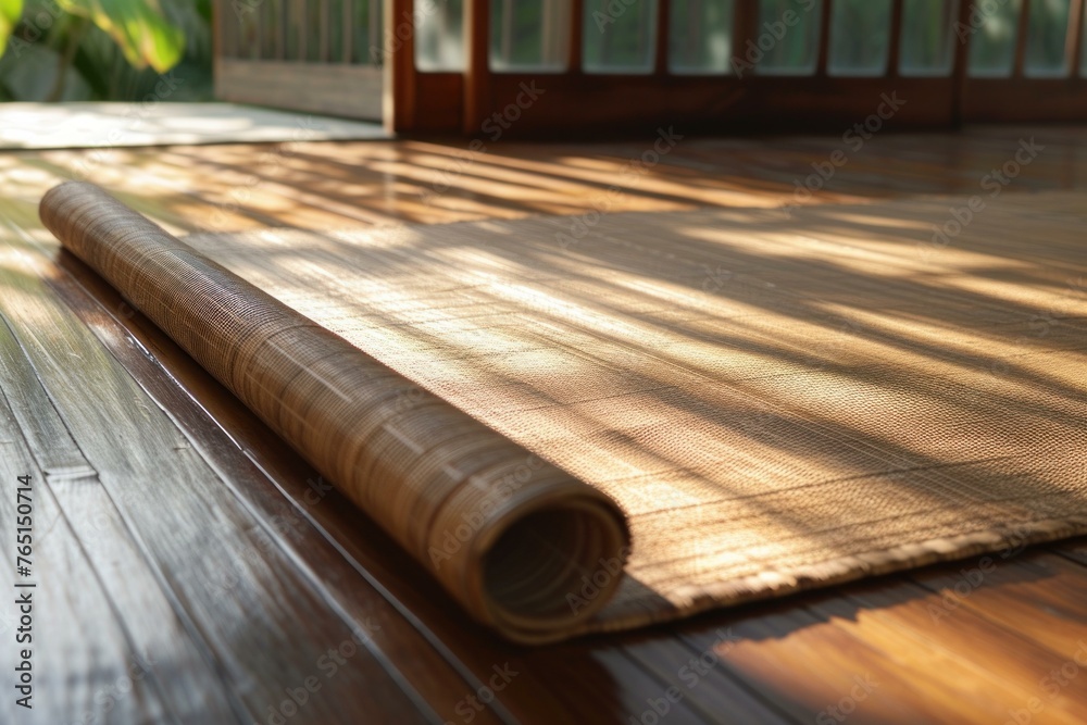 Tropical Bamboo mat banner. Wood natural material kitchen wall. Generate Ai