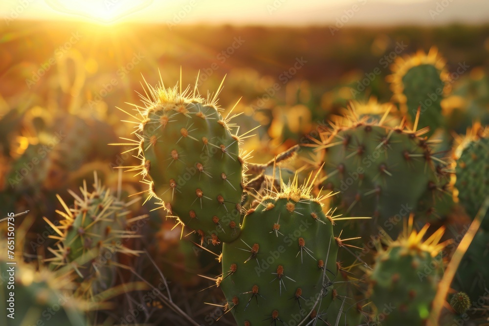 Close-Up of Prickly Pear Cactus in Arid Desert at Sunset, Revealing Intricate Spiky Details and Warm Golden Backlight Close-Up of Prickly Pear Cactus in Arid Desert at Sunset, Revealing Intricate Spiky Details and Warm Golden Backlight