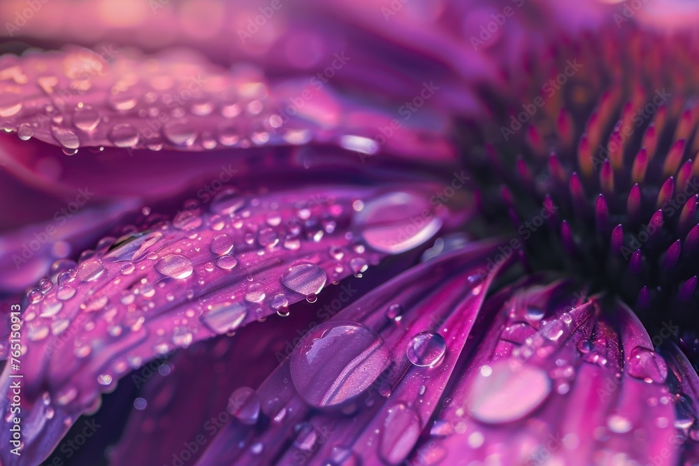 Obraz premium Close-Up of Raindrops Glistening on Purple Flower Petals in the Warm Sunlight, Macro Photography, Isolated on Vibrant Purple Background