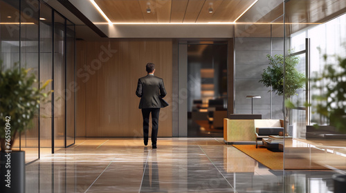 Office interior in a modern style with a man walking away from the camera, with brown, gray and orange colors and minimalist inter