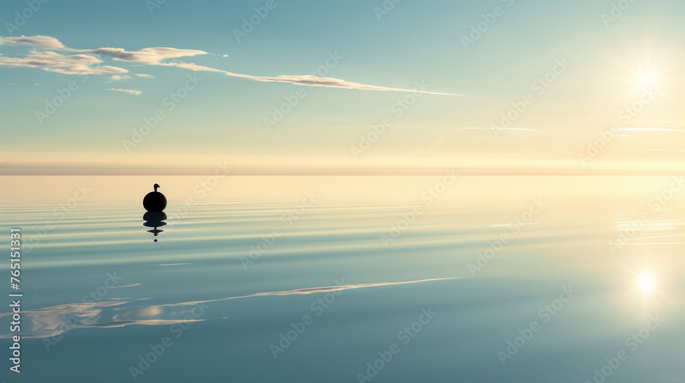 a bird sitting on top of a rock in the middle of a body of water with the sun in the background.