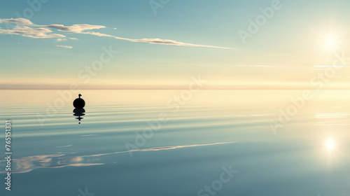 a bird sitting on top of a rock in the middle of a body of water with the sun in the background.