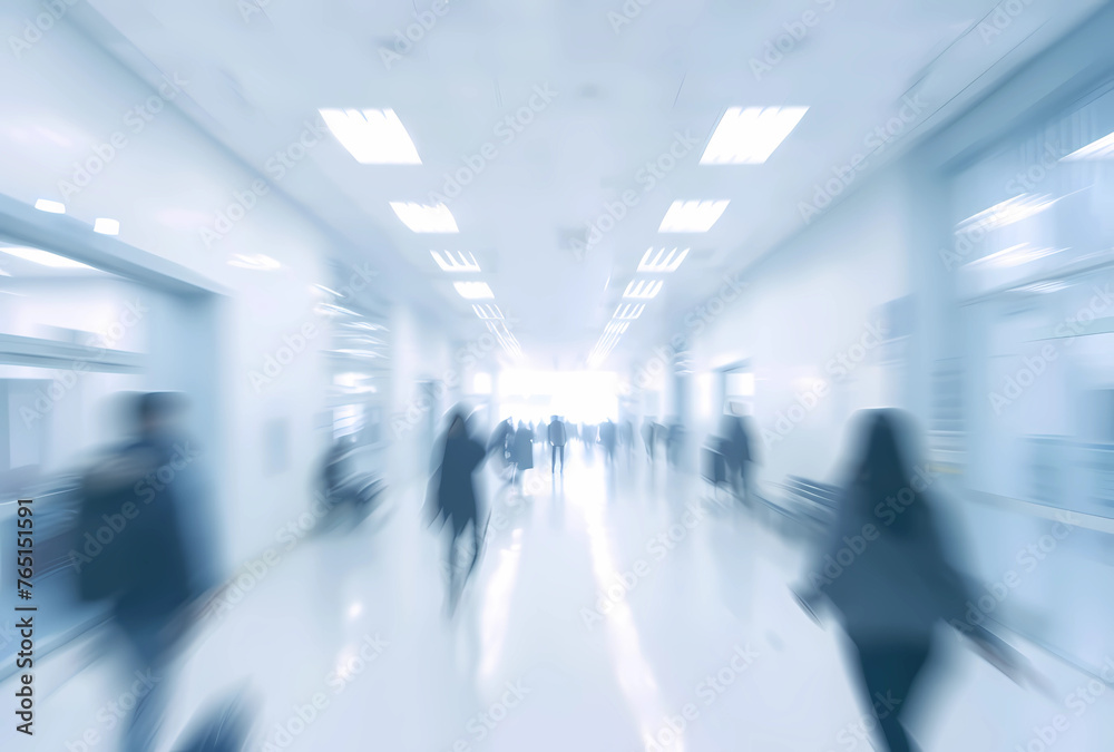 blurred people walking and medical equipment