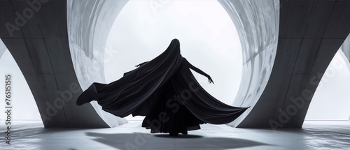Black hooded figure standing in a large concrete structure with large round openings, dark interior and light exterior