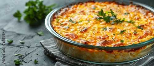 A Close-up of a freshly baked golden corn casserole in a glass dish