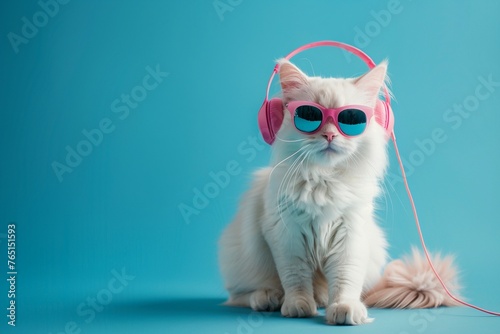 A Cool white cat wearing pink headphones and sunglasses photo