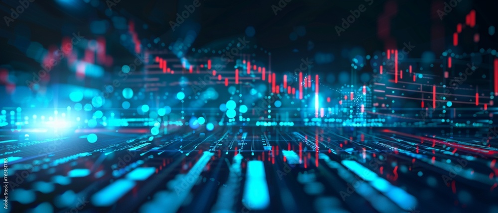 A Futuristic visualization of digital stock market data with glowing blue lines and dots on a dark background.