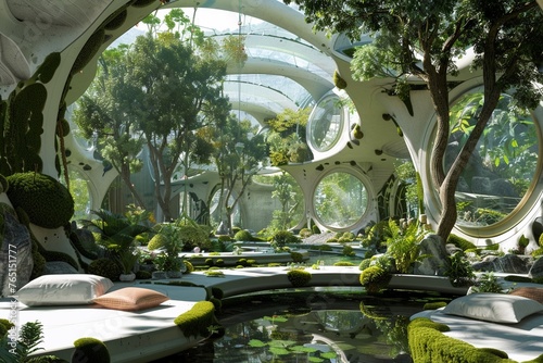 A Futuristic bio-dome housing lush gardens and eco-friendly living spaces in a sci-fi setting.