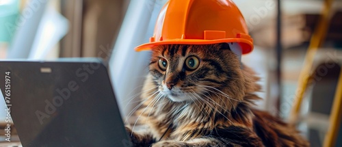 A professional cat in an orange hard hat attentively working on a laptop