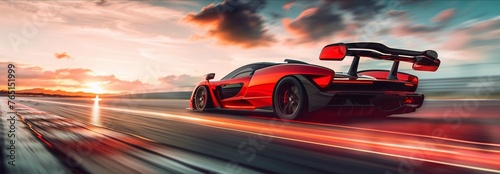 A sleek red and black sports car in dynamic motion blur racing on a track