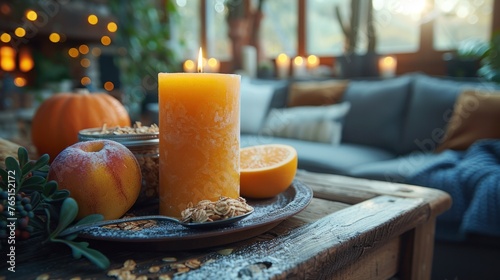 a candle sitting on top of a wooden table next to a plate of fruit and a glass of orange juice.