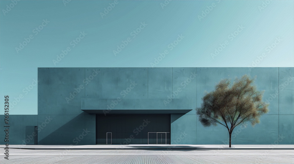 The image is in the art category of architecture and the art style is modern. The main subject is a blue concrete building with a  - obrazy, fototapety, plakaty 