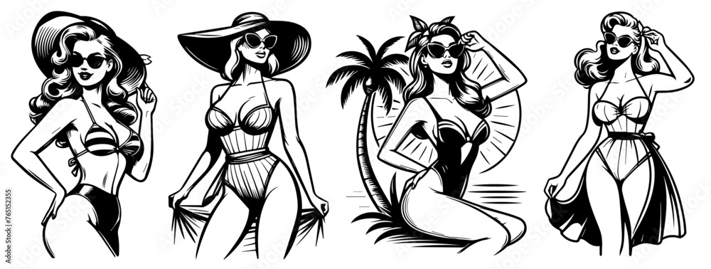 beach pin-up girl nocolor vector illustration silhouette for laser cutting cnc, engraving, black shape decoration vintage retro woman