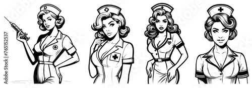 pin-up girl nurse with a touch of vintage charm, nocolor vector illustration silhouette for laser cutting cnc, engraving, black shape decoration photo