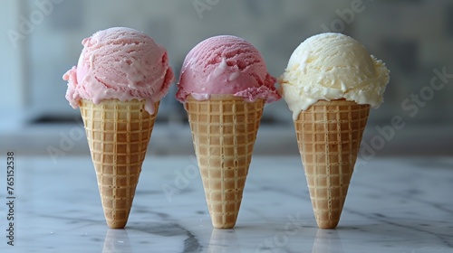 three ice cream cones in a row on a marble countertop, with one cone filled with ice cream and the other cone filled with ice cream.