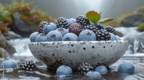 a white bowl filled with lots of blackberries and blueberries on top of a table next to a waterfall. photo