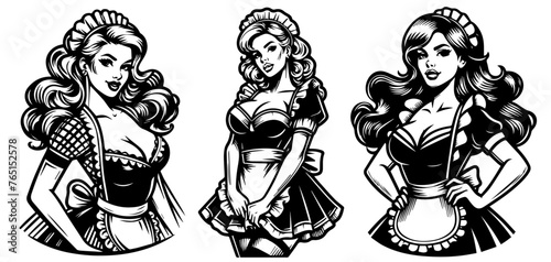 pin-up maid with a touch of classic service, nocolor vector illustration silhouette for laser cutting cnc, engraving, black shape decoration