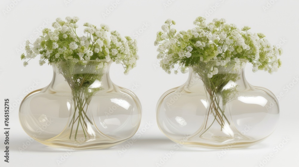 a couple of vases filled with flowers on top of a white table next to each other on top of a table.