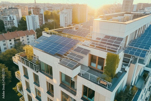 Modern eco friendly passive house with solar panels on rooftop. Home solar panel. Solar panels on roof of modern apartment building in city