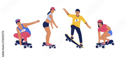 Set of modern skaters jumping with skateboards. Character with skateboard jumping vector illustration