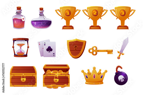 cartoon vector set of game assets. gold coins, shields, level up crowns, magic gemstones, potion bottles, gold chests