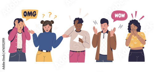 Surprised amazed and shocked people set. Startled astonished characters with frightened scared face expressions. Vector flat illustration