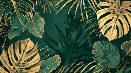 Luxury golden art deco wallpaper featuring a nature-inspired floral pattern with golden split-leaf Philodendron and monstera plant line art on an emerald background photo