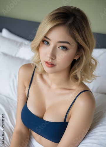 asian woman with a very large breast posing for a picture in a cropped top and skirt in the bedroom 