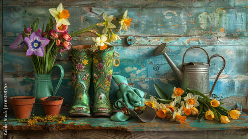 A rustic gardening scene with spring flowers and vintage equipment. photo