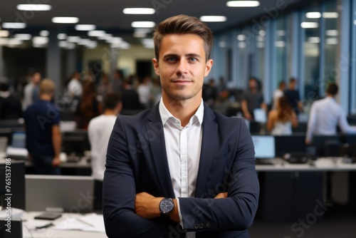 Professional man with arms crossed in office setting  suitable for business concepts