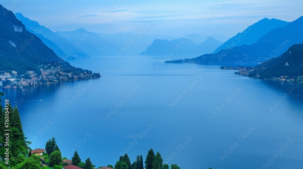 Obraz premium a large body of water surrounded by mountains and a town on the other side of the lake in the middle of the day.
