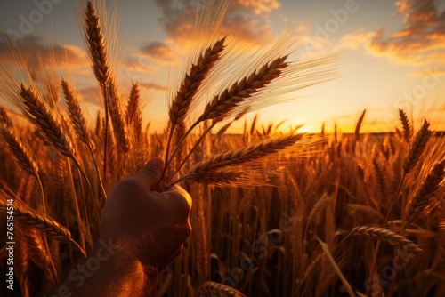 A hand holding a stalk of wheat in a field