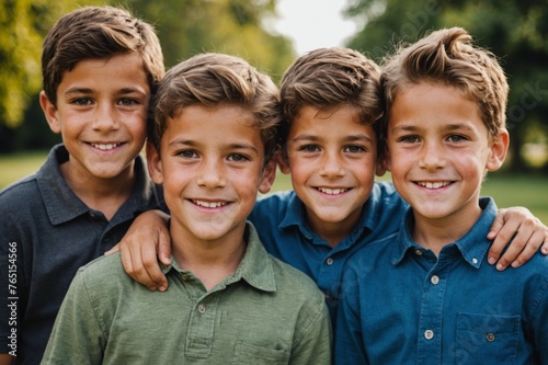 A set of quadruplets brothers smiling for camera in an outside portrait