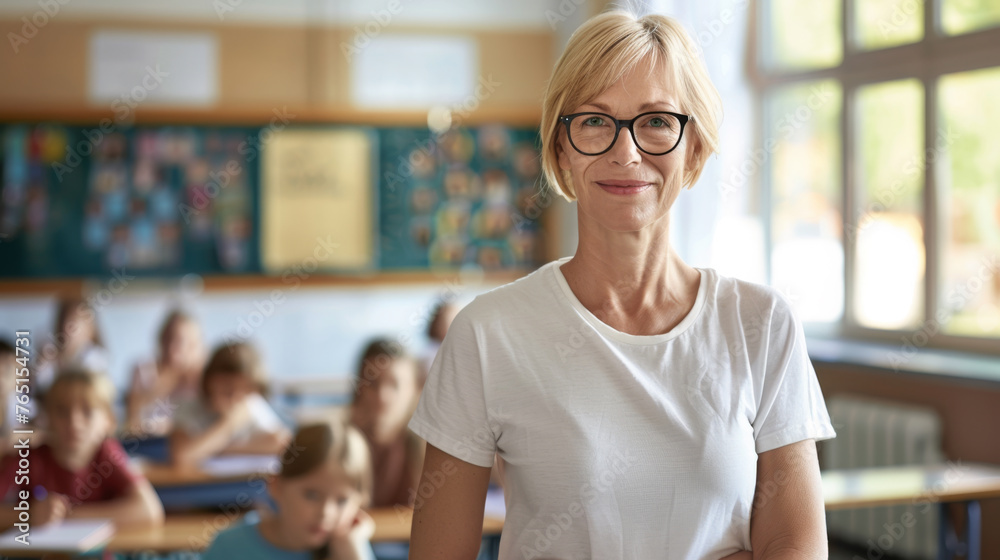 A smiling woman with glasses stands in front of a classroom full of seated students. A smiling woman with glasses stands in front of a classroom full of seated students.